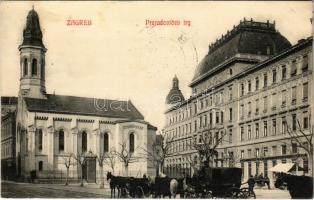 1908 Zagreb, Zágráb; Preradovicev trg / tér, lovas hintók, templom, étterem / street and horse chariots, church, restaurant