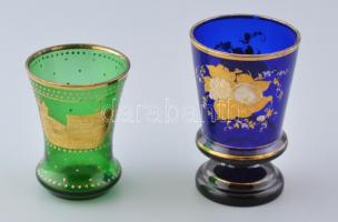 Kék és zöld antik bieder üveg pohár, kopott, m: 10,5- 13 cm