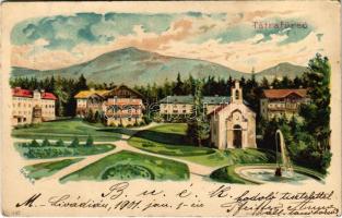 1901 Tátrafüred, Ótátrafüred, Bad Altschmecks, Stary Smokovec (Magas-Tátra, Vysoké Tatry); kápolna, nyaralók / chapel, villas. Kunstanstalt Kosmos 142. litho s: Geiger R. (Rb)