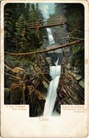 Tátra, Magas-Tátra, Vysoké Tatry; Kis-Tarpatak óriás zuhataga. Feitzinger Ede 57bt. Auto-Chrom / Klein-Kohlbach. Riesensturz auf dem Treppchen / waterfall, wooden bridge (EK)