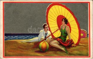 Strand szerelem. Olasz művészlap / Beach love, Italian art postcard. Degami 2256. s: T. Corbella