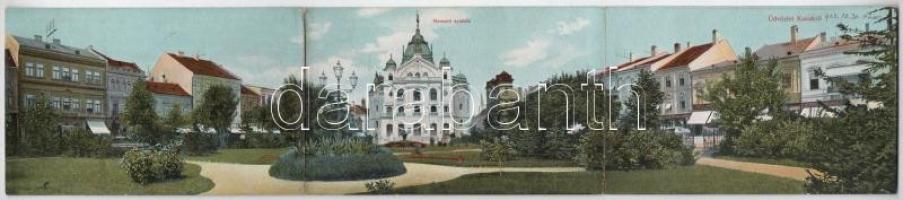 1903 Kassa, Kosice; Nemzeti Színház, Kluzsinszky K. üzlete. Nyulászi Béla kiadása 3-részes kihajtható panorámalap / theatre, shops. 3-tiled folding panoramacard (r)