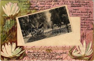 1902 Pozsony, Pressburg, Bratislava; Liget. Szecessziós dombornyomott litho. Bediene dich allein / Aupark / park. Art Nouveau, Emb. Floral, litho (lyuk / pinhole)