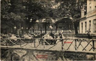 1907 Pozsony, Pressburg, Bratislava; Vaskutacskai pavilon vendéglő, kert pincérekkel. Neffe J. kiadása / Eisenbrünnel Pavillon / Eisenbründl pavilion, restaurant, garden with waiters (EK)