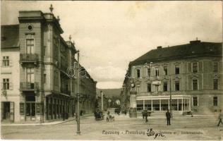 1912 Pozsony, Pressburg, Bratislava; Stefánia út, hirdetőoszlop, Wildmoser üzlete / Stefaniestraße / street view, advertising column, shops