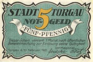 Német Birodalom /Weimari Köztársaság/ Torgau 1921. 5Pf + 10Pf + 25Pf + 50Pf 4klf db, teljes sor T:I