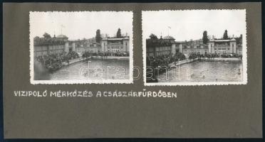 cca 1930-1940 Vízilabda mérkőzés a császárfürdőben, 2 db albumlapra ragasztott fotó, 6×9 cm