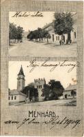 1909 Ménhárd, Vrbov; Hátsó utca, Régi harangtorony, templom. Fressó József kiadása / street view, bell tower, church (fa)