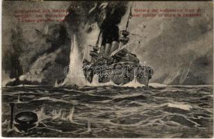 1914 Unterseeboot sich zurückziehend nachdem das Panzerschiff von Torpedo getroffen worden ist. K.u.K. Kriegsmarine / WWI Austro-Hungarian Navy, submarine retreating after hitting an armored cruiser with torpedos. Druck von M. Schulz. G. Costalunga, Pola 16150.