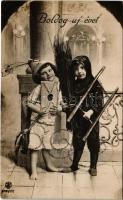 1916 Boldog új évet! kéményseprő kisgyerek / New Year greeting, chimney sweeper