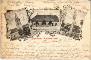 1905 Felsőrados, Radosóc, Radosócz, Radosovce; Római katolikus templom és plébánia, Szentháromság szobor a Főtéren. Mondschein S. kiadása / Catholic church and parish, Holy Trinity statue, main square. Art Nouveau, floral (EK)