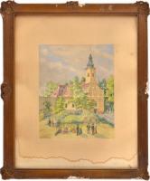 Santhó Miklós (1868-1944): Körmenet, 1931. Akvarell, papír, jelzett, kartonra kasírozva. Karton alja foltos. Dekoratív, üvegezett, sérült fakeretben, 30x24 cm