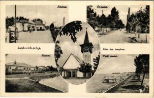 1940 Balatonboglár, Jankovich telep, vasútállomás, gőzmozdony, kaszinó, római katolikus templom, út, part