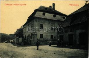 1912 Felsőbánya, Baia Sprie; városháza, Róth Mihály bor és fűszerkereskedő üzlete. Bpnis Sándor kiadása (W.L. ?) / town hall, shop