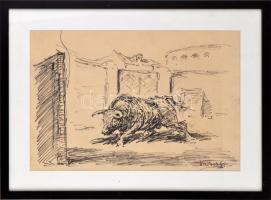 Vastagh Gy jelzéssel: Bika. Filctoll, papír. Üvegezett fakeretben, 32x48 cm