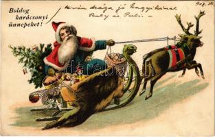 1907 Boldog Karácsonyi ünnepeket! Mikulás rénszarvas szánon / Christmas greeting, Saint Nicholas on reindeer sled. litho