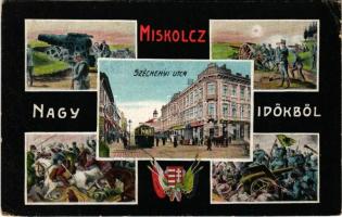 1916 Miskolc, Széchényi utca. Katonai montázs a Nagy Időkből az első világháborúból, Grünwald Ignác kiadása (EK)