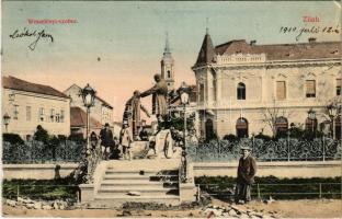 1910 Zilah, Zalau; Wesselényi szobor, Bánfalvy Testvérek üzlete / statue, shop (EK)