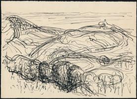 Lantos Ferenc (1929-2014): Tihany az apátsággal. Tus, papír. Hátoldalán hagyatéki pecséttel. 15x21 c...