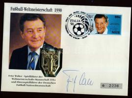 1990 Érmés boríték Fritz Walter német tiszteletbeli kapitány, az 1954-es VB győztes csapatkapitánya saját kezű aláírásával / Coin-letter with the autograph of Fritz Walter WC winner 1954,