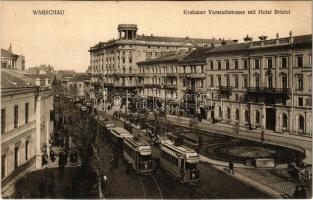 1915 Warszawa, Varsovie, Warschau, Warsaw; Krakauer Vorstadtstrasse mit Hotel Bristol / street view, tram (cut)
