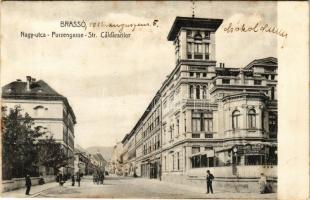 1910 Brassó, Kronstadt, Brasov; Nagy utca, Villa Kertsch, Eduard Binder üzlete. Herz kiadása / Purzengasse / Str. Caldararilor / street, villa, shop