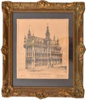 Berecz S. jelzéssel: A brüsszeli régi királyi palota, 1928. Tus, papír. Dekoratív, üvegezett fakeretben, 18x14 cm