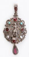 Ezüst (Ag) antik násfa, ötvös ékszer. Függő, alabárdos motívummal, gránátokkal, türkizekkel és barokk gyöngyökkel ékített, jelzés nélkül, h: 7cm, bruttó: 14,44g / Antique silversmith jewel. Garnet, baroque pearls, turquoise