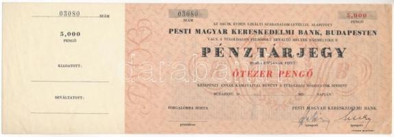 ~1926-1945. Pesti Magyar Kereskedelmi Bank pénztárjegy 5000P-ről, kitöltetlen, hajtatlan, vízjeles papíron T:II több, nagyobb sarokhajlás