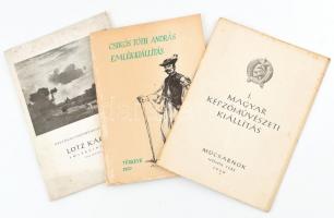1950-1970 3 db művészeti katalógus: I. Magyar képzőművészeti kiállítás 1950, Lotz Károly emlékkiállítás 1954, Csikós Tóth András emlékkiállítás 1970. Kissé foltos borítókkal.