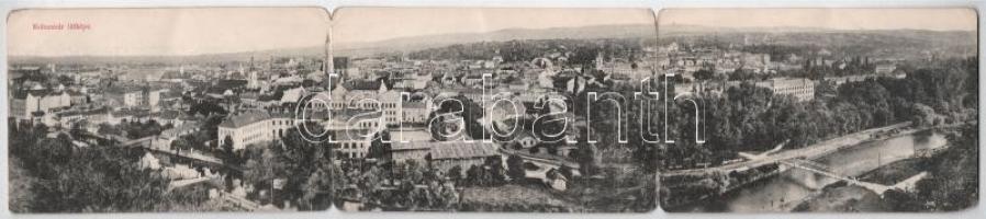 Kolozsvár, Cluj; 3-részes kihajtható panorámalap. Schuster Emil kiadása / 3-tiled folding panoramacard (hajtásnál szakadt / torn at fold)