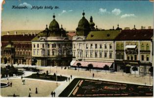 1916 Kolozsvár, Cluj; Mátyás király tér, Haraszthy Jenő üzlete, Erdélyi Bank / square, shops, bank (EM)