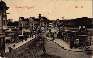 1908 Lugos, Lugoj; Eötvös tér, Raikovits, Merzig Jakab üzlete, híd, Dél-Magyarországi Bank, piac. W.L. 165. / square, shops, bridge, bank, market (EB)