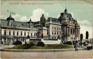 1913 Nagyvárad, Oradea; Szent László tér és szobor, Városháza, Takarékpénztár, gyógyszertár, üzletek, piac. Boros Jenő kiadása / square, monument, town hall, savings bank, pharmacy, shops, market (EB)