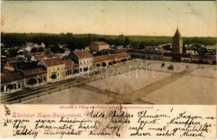 1905 Nagyszalonta, Salonta; Piac tér, Arany emléktorony, Reich Jakab és Weisz Sámuel üzlete, zsinagóga. Fábián L. Dezső kiadása / market square, memorial tower, shops, synagogue (Rb)