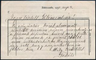 cca 1930 Békéscsaba, Takáts Kálmán órás és ékszerész grafikus számla