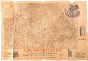 cca 1930 Alfa tejhűtő reklámos levelezőlap kihatható nagy méretű, térképpel szakadt, sérült 50x90 cm