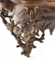 Japán szecessziós, nagyméretű füstölő. Öntött, patinázott bronz. Bambusz és madaras motívumokkal. Ko...