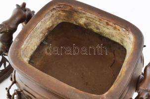 Japán szecessziós, nagyméretű füstölő. Öntött, patinázott bronz. Bambusz és madaras motívumokkal. Ko...