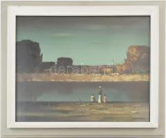 ifj. Benedek Jenő (1939-2019): Emberek a vízparton. Olaj, farost, jelzett, üvegezett fakeretben, 40x50 cm / oil on fibre board, signed lower right, framed.