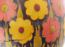 Népi Art Deco díszváza. Formába öntött fehércserép. Savmaratott felületén többrétegű, sárga alapon s...