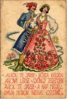 Ahol te jársz: Rózsa keljen... Magyar folklór / Hungarian folklore art postcard (fl)