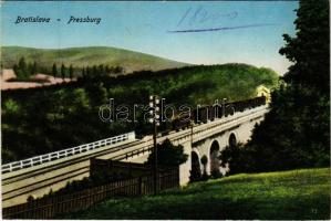 1927 Pozsony, Pressburg, Bratislava; vasúti híd, gőzmozdony, vonat / railway bridge, locomotive, train