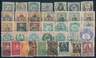 1868-1926 37 db klf régi okmánybélyeg, az alsó sorban 6 db bélyeg postabélyegzővel