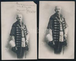 1910 Sümegi Vilmos (1864-1938) országgyűlési képviselő, újságíró díszmagyaroros portréja, 2 fotólap, az egyiken saját kezű DEDIKÁCIÓJÁVAL, dátumozva (1910. jun. 3.), az egyik sarkán kis hiánnyal, 13x8 cm