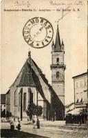 1925 Beszterce, Bistritz, Bistrita; Evangélikus templom, Kollmann & Keresztes üzlete. Hausmann Rella kiadása / Lutheran church, shop (fl)