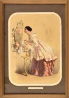 La Toilette (divatos hölgy), színezett litográfia, papír, XIX. sz közepe-vége, kartonra kasírozva. Dekoratív, üvegezett, kissé sérült fakeretben. 28x21 cm