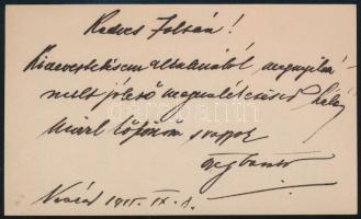 1915 Hegedűs Gyula (1870-1931) színész saját kezű sorai névjegykártyáján