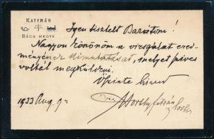 1933 Vitéz nagybányai Horthy István (1858-1937) lovassági tábornok saját kézzel írt és aláírt levelezőlapja, dr. Kovács Dezső ezredorvosnak, melyben megköszöni a vizsgált eredményt