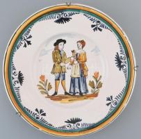 MF jelzéssel: Régi fajansz tányér, kézzel festett, lepattanásokkal, d: 29,5 cm